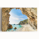 Black and white photograph of a scenic Greek landscape on stretched canvas, ideal for kitchen wall art.