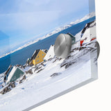 Large abstract wall art depicting a Greenlandic landscape in muted green and blue tones on acrylic glass.