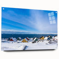 Acrylic glass print of a Greenland landscape in muted green and blue tones, suitable for bedroom or dining room decor.