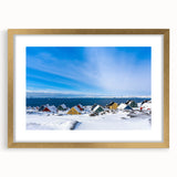 Abstract art print of a Greenland landscape in muted green and blue tones, framed in gold, ideal for dining room decor.