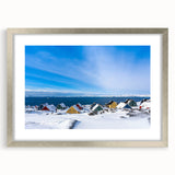 Extra large abstract art print of Greenland scenery, featuring textured green and blue tones on a framed silver mat.