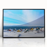 Large abstract wall art depicting a Greenlandic landscape in muted greens and blues on a framed acrylic.