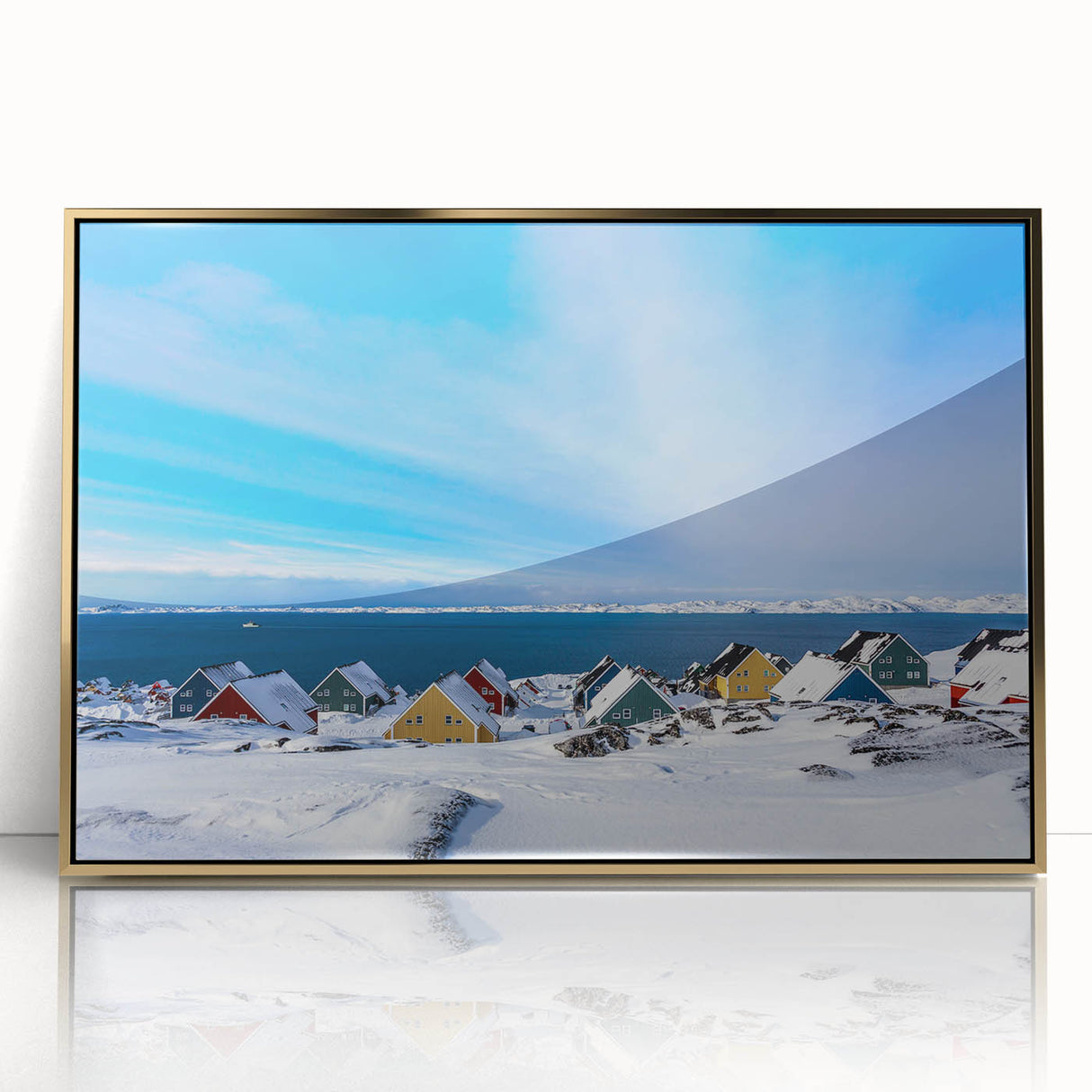 Acrylic print of Greenland landscape in art deco style, featuring muted green and gold tones.