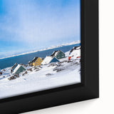 Extra large black wall art depicting a textured Greenland scenery on framed canvas, ideal for living room decor.