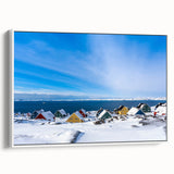 Vintage poster art of a Greenland scenery on a framed canvas, featuring vibrant green and blue tones.