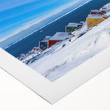 Art deco poster featuring a Greenland landscape in muted green and blue shades on rolled canvas.