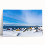 Black and white photograph of a Greenland landscape on large stretched canvas, suitable for kitchen art.