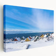 Large art depicting a serene Greenland landscape on stretched canvas, featuring muted green and blue tones.