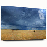 Acrylic print of a large abstract depiction of a European cityscape in muted blue and gray tones.