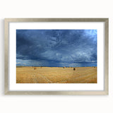 Extra large abstract art print of a textured European scenery in silver frame, ideal for living room decor.