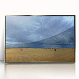 Mid-century modernist art depicting a scenic European landscape on a silver-framed acrylic print.