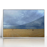 Acrylic print of a serene Hungarian landscape in muted green and blue, framed in white, suitable for modern art wall decor.