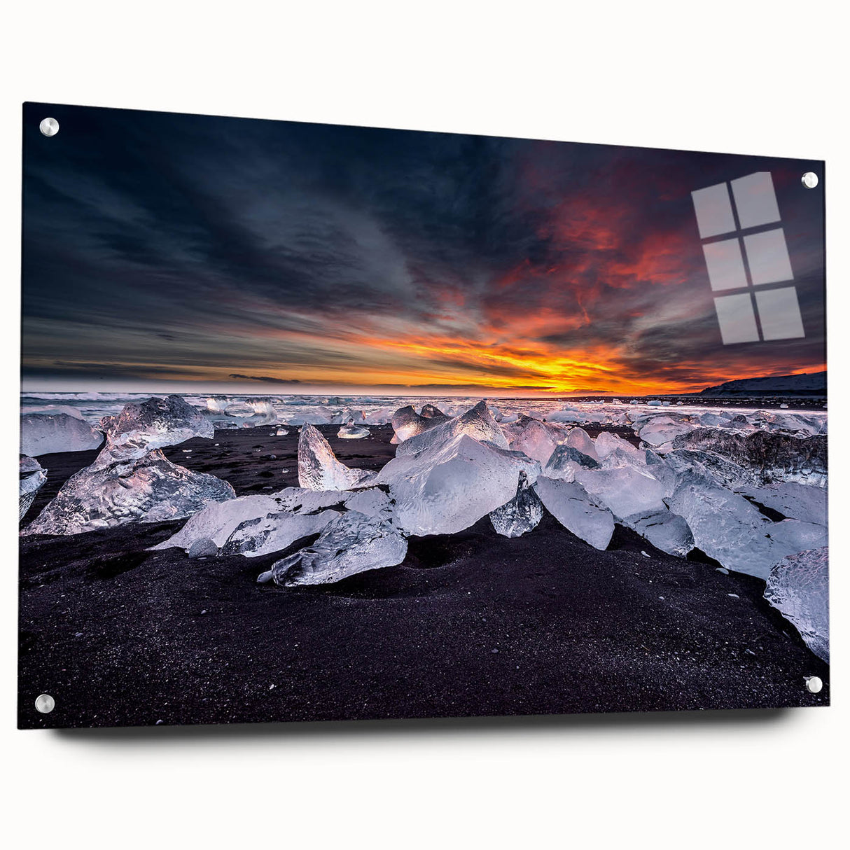 Acrylic print of an Icelandic landscape in muted blues and greens, ideal for dining room decor.