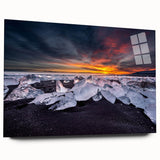 Large abstract acrylic print of Icelandic scenery in muted blue and gray tones, ideal for bedroom or dining room art.