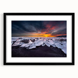 Colorful abstract art print of a European Icelandic landscape in vibrant hues on a large framed canvas.