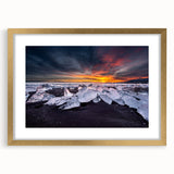 Abstract art print of a serene Icelandic landscape in muted gray and blue tones on a framed gold mat.