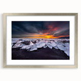 Extra large abstract art print of an Icelandic landscape in textured silver frame, ideal for living room decor.