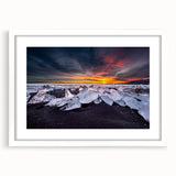 Textured art print of an abstract Icelandic landscape in cool blue and gray tones on a framed white mat.