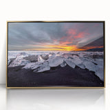 Acrylic print of a serene Icelandic landscape in muted blue and gray tones, framed in gold.