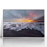 Mid-century modernist art depicting a serene Icelandic landscape in muted gray and blue tones, acrylic print framed in white.