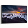 Black and white wall art featuring a vintage poster of an Icelandic landscape on framed canvas, ideal for bedroom decor.