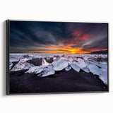 Black and white wall art featuring a vintage poster of an Icelandic landscape on framed canvas, ideal for bedroom decor.