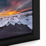 Framed canvas featuring a textured, black scenery of Iceland with colorful accents, ideal for living room decor.