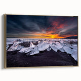 Framed canvas featuring a vintage-style Icelandic landscape in muted gold and black tones, ideal for bedroom decor.