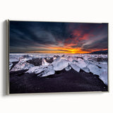 Landscape art painting of an Icelandic scene on framed canvas, featuring muted earth tones and silver frame.