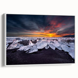 Vintage poster art of an Icelandic landscape on a large framed canvas, featuring vibrant colors against a black background.