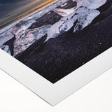 Art deco poster of a serene Icelandic landscape on rolled canvas, featuring cool blue and gray tones.