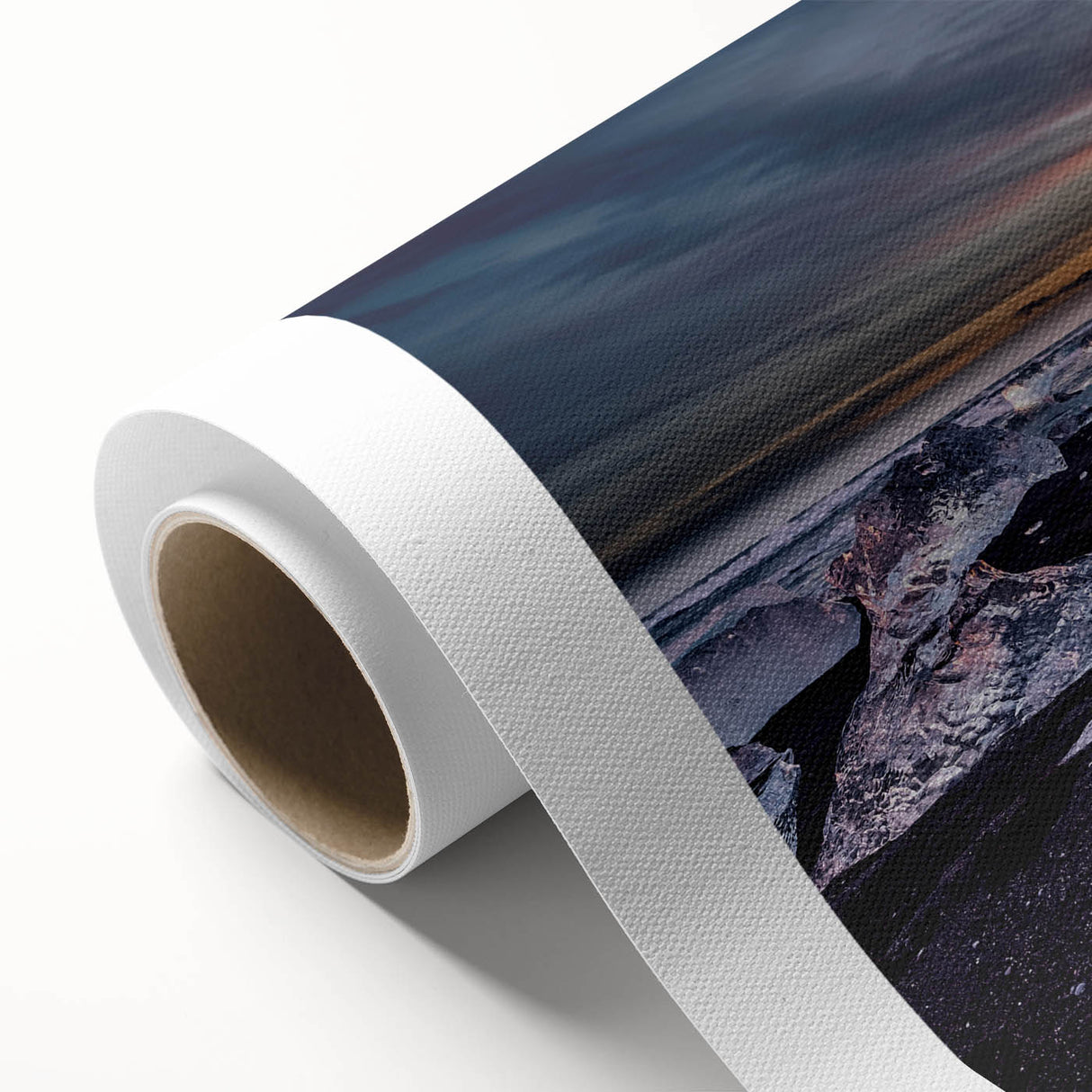 Art deco poster of an Icelandic landscape on rolled canvas, featuring cool blue and green tones, ideal for nursery wall art.