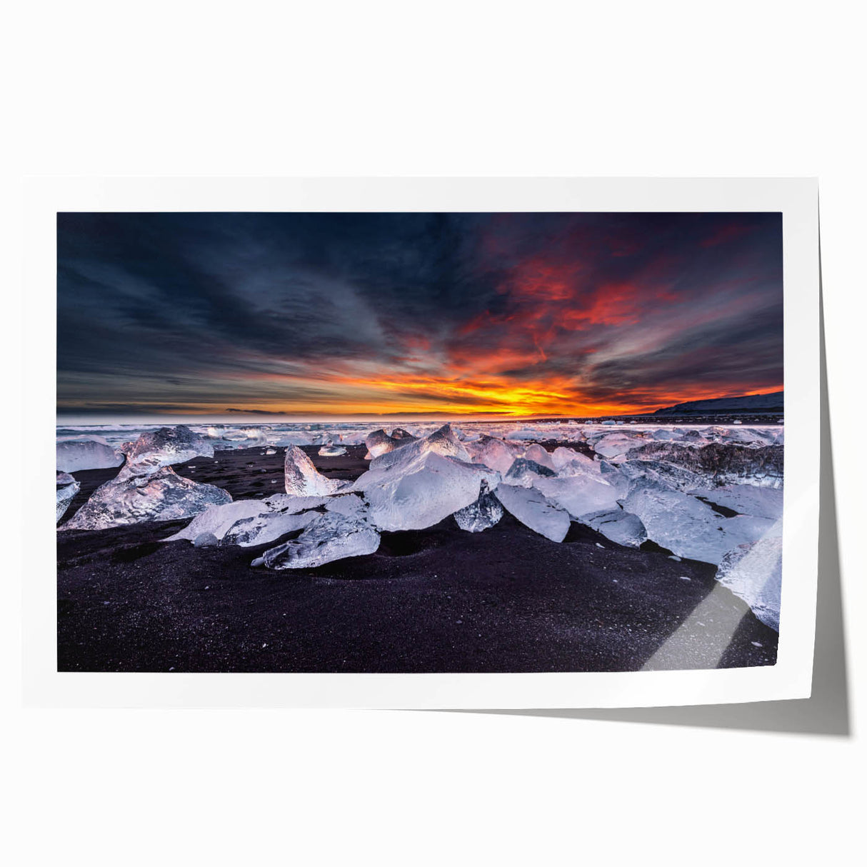 Icelandic landscape with muted green and blue tones on a rolled canvas, suitable for art wall dining room.