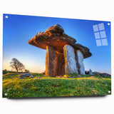 Acrylic print of an Irish landscape with lush green fields under a cloudy sky, suited for bedroom or dining room decor.