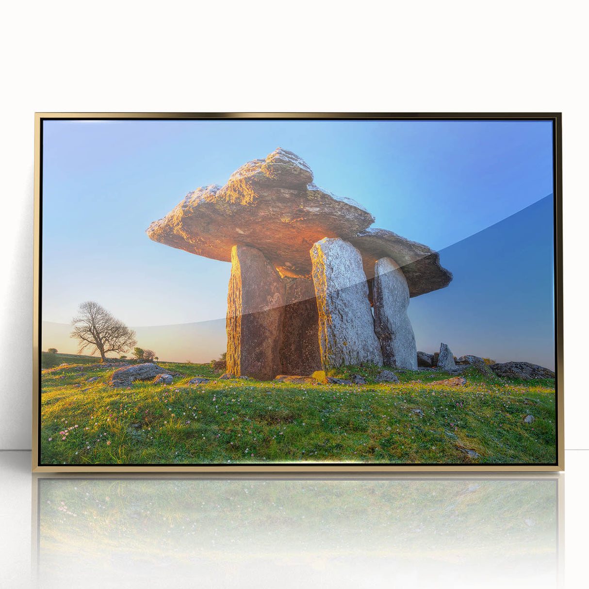 Mid-century modernist art depicting a serene Irish landscape in muted green and blue tones, framed acrylic.