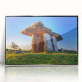 Acrylic print of an Irish landscape in muted greens and blues, framed in silver.