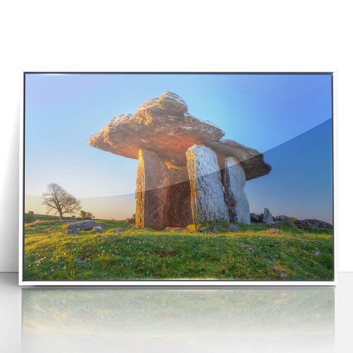 Large art print of a serene Irish landscape in muted green and blue tones, framed acrylic, ideal for modern art wall decor.
