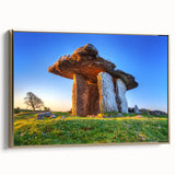 Framed canvas wall art depicting a vintage-style Irish landscape in muted greens and gold, ideal for bedroom decor.
