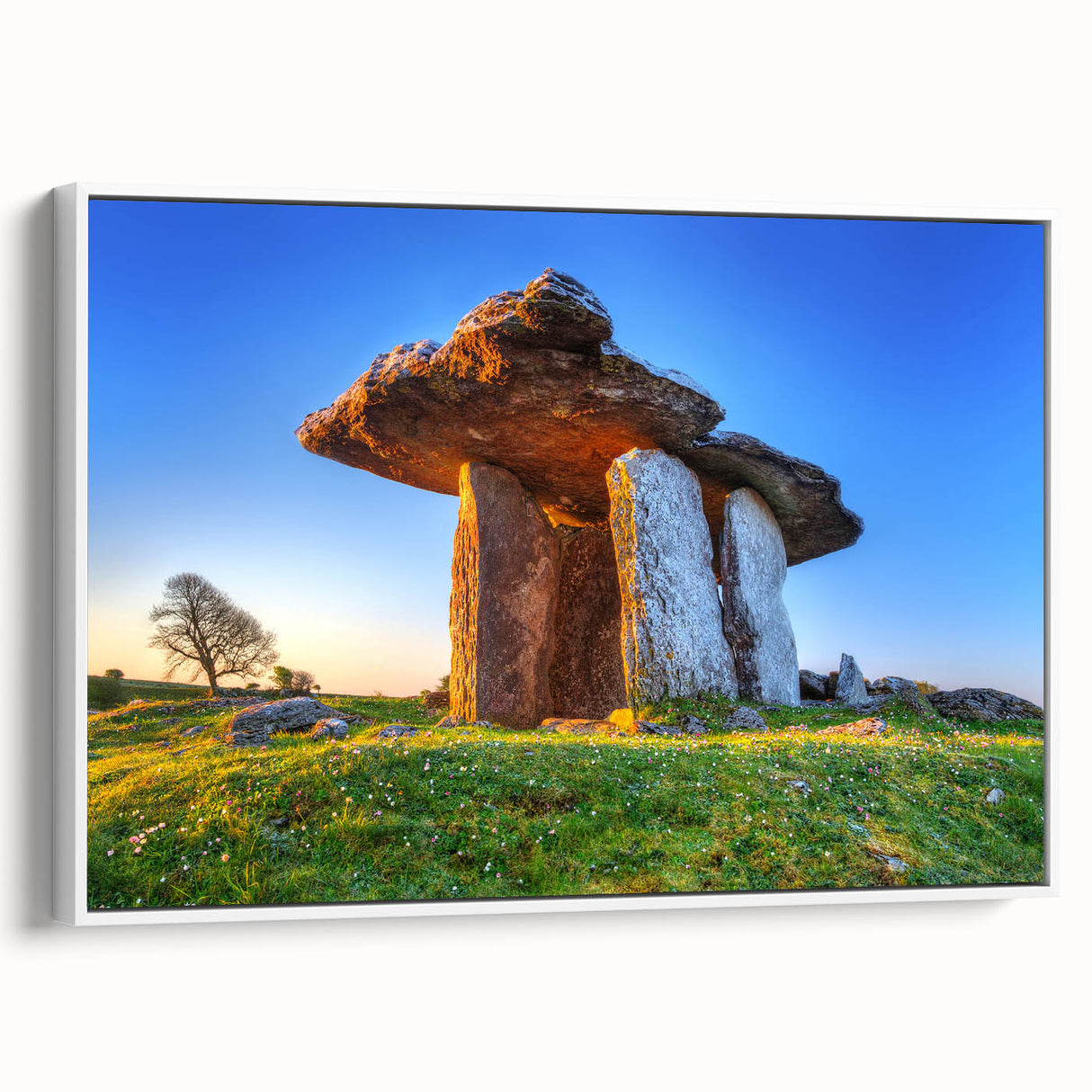 Vintage poster art of a scenic Ireland landscape in colorful hues on a framed canvas, ideal for living room decor.