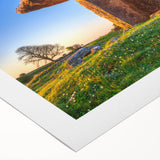 Art deco poster of an Irish landscape in muted green and blue tones on rolled canvas, suitable for dining room wall art.