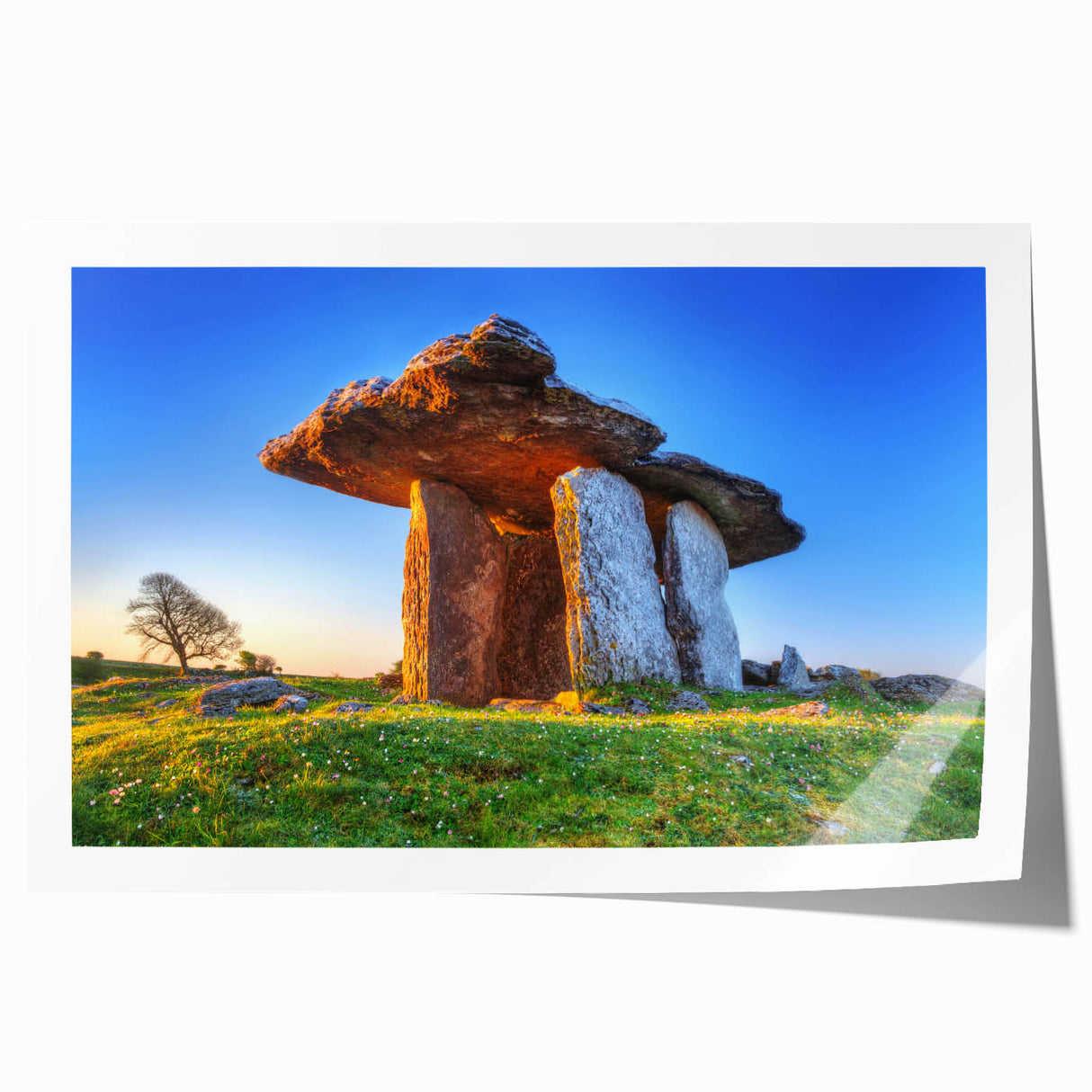 Rolled print of an Irish landscape with vibrant green fields and a distant mountain, ideal for dining room wall art.