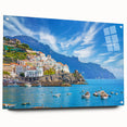 Acrylic print of Amalfi Coast with vivid blue and white tones, ideal for bedroom or dining room decor.