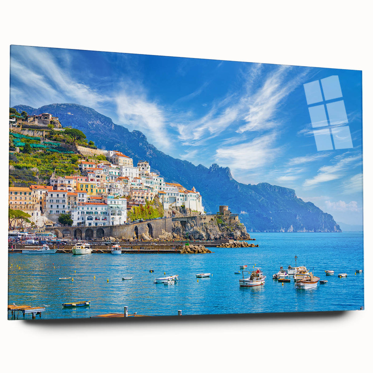 Acrylic print of the Amalfi Coast in pastel shades, ideal for dining room art, reflecting mid-century modernist style.
