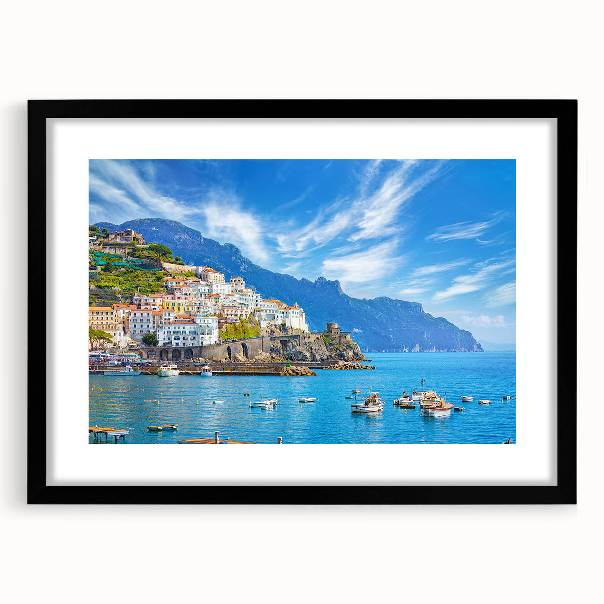 Extra large framed print of an abstract Amalfi Coast scene in vibrant, colorful hues, ideal for living room decor.