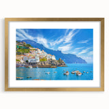 Abstract art print of Amalfi Coast with muted blue and white tones, framed in gold, ideal for dining room decor.
