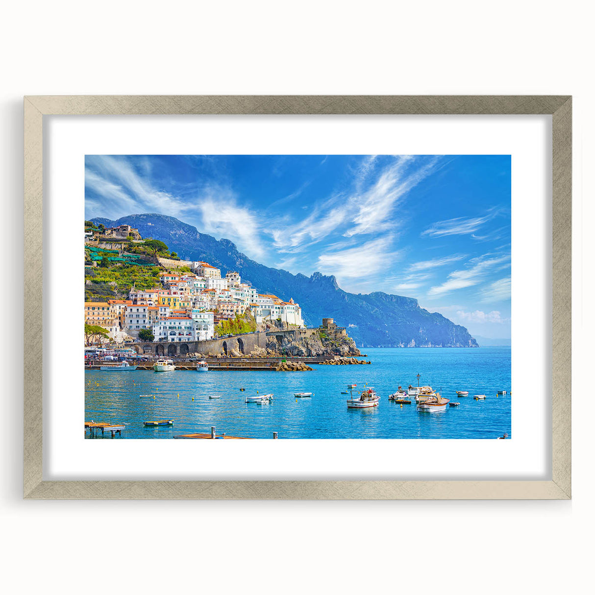 Extra large abstract art print of Amalfi Coast with textured brushstrokes in pastel shades, framed in silver.