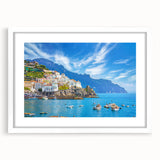 Textured art print of the Amalfi Coast in muted blue and white tones on a framed canvas, suitable for bedroom decor.