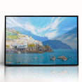 Mid-century modernist art depicting the Amalfi Coast in vibrant hues on a black framed acrylic.