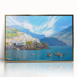 Acrylic print of Amalfi Coast with vibrant blue and terracotta tones in an art deco style, ideal for modern art wall decor.