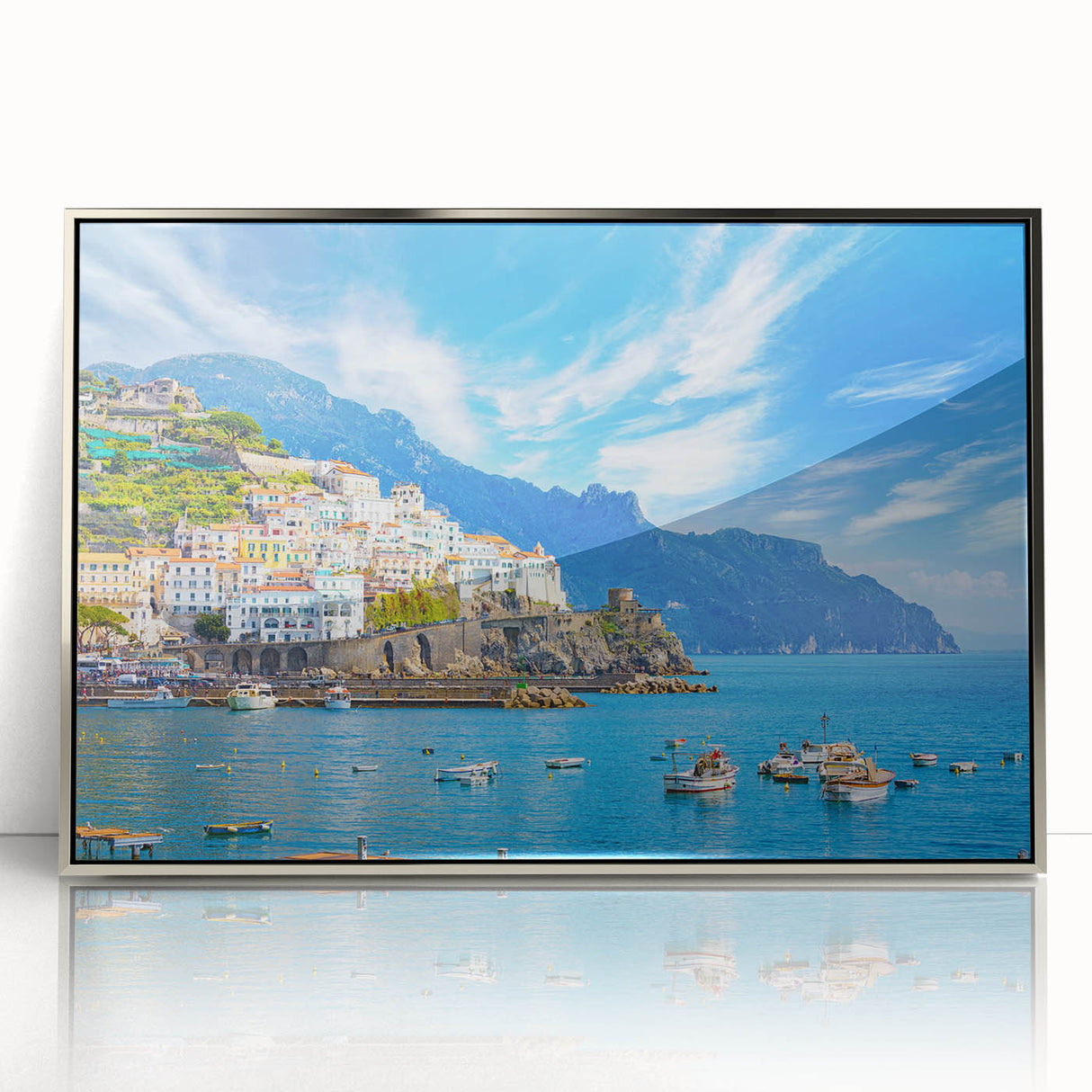 Large abstract wall art of Amalfi Coast in muted blue and silver tones on a framed acrylic.